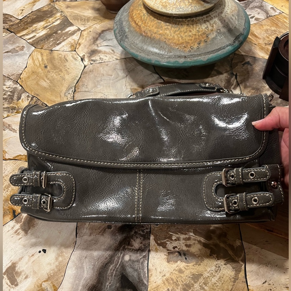 Gray patent leather shoulder bag